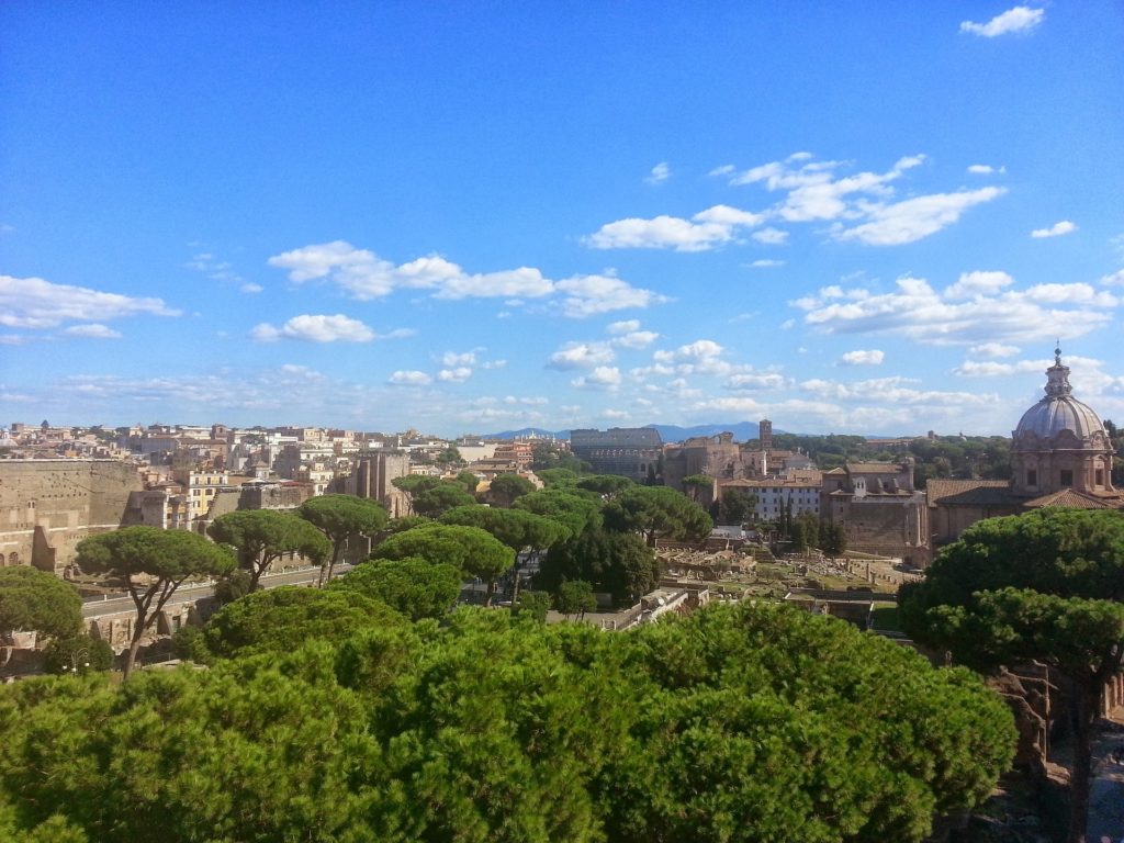 Pohled na Řím a jeho zeleň přímo v centru. V popředí borovice přímořské, typické pro toto město.