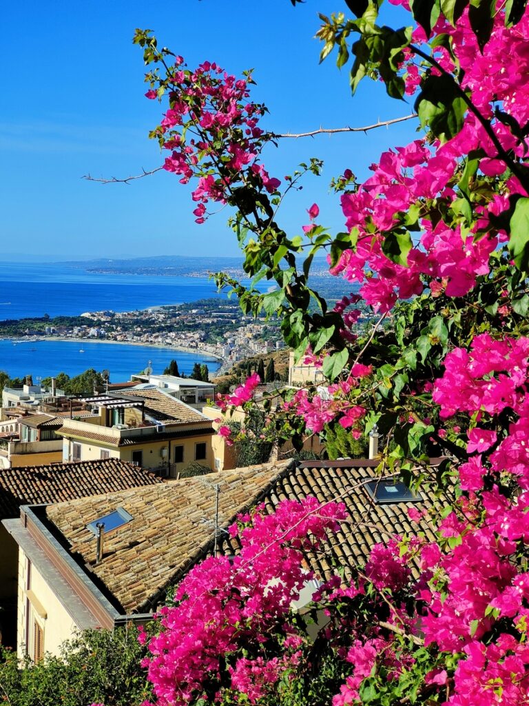sicilské výhledy, v popředí kvetoucí keř